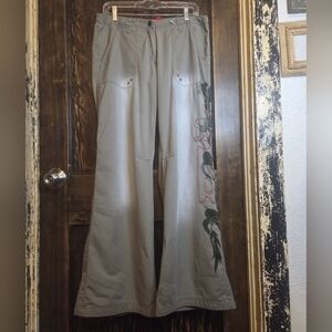 NWOT Vntg Fishbone 'Big Apple S.L.' Wide Leg Dragon Embroidered Pants in Taupe